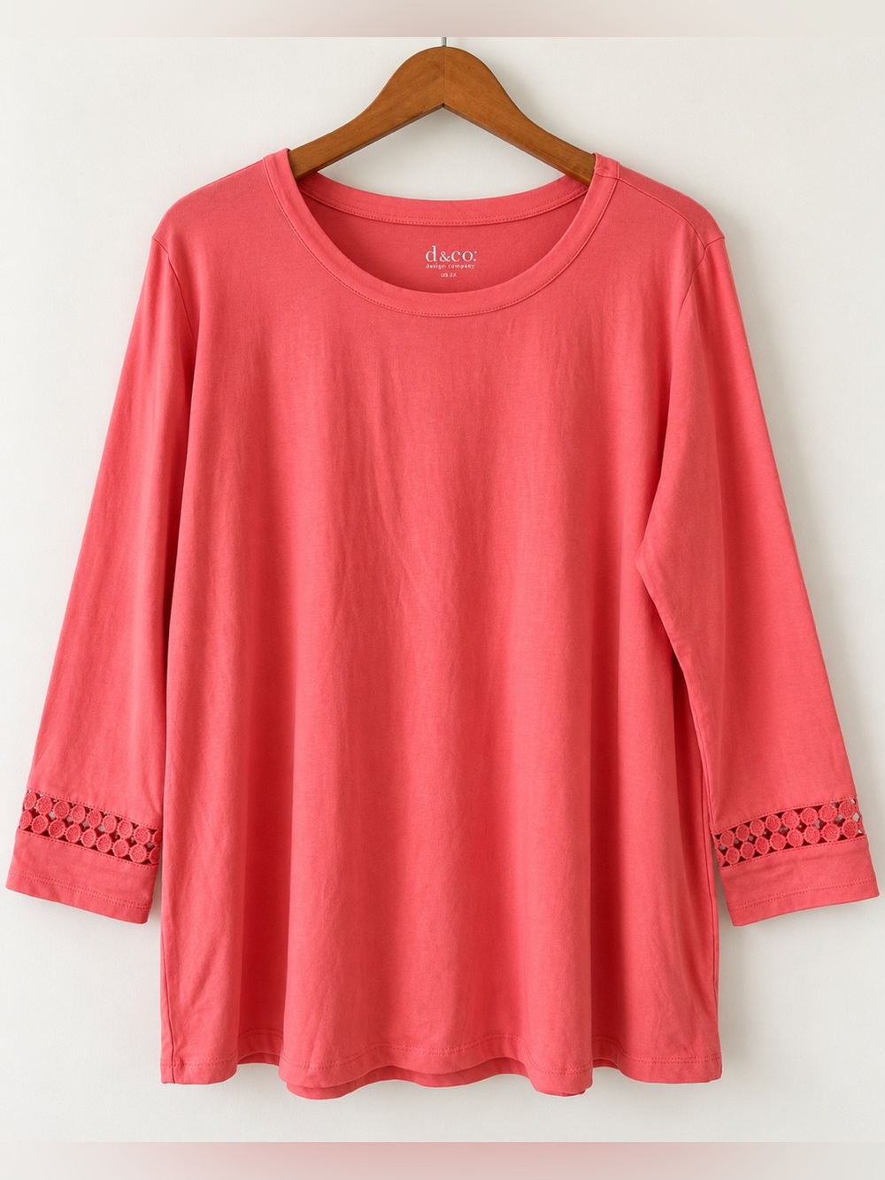 Denim & Co. So Soft Jersey Tea Rose 3/4 Sleeve Crochet Detail Top NWOT 2XL #2775